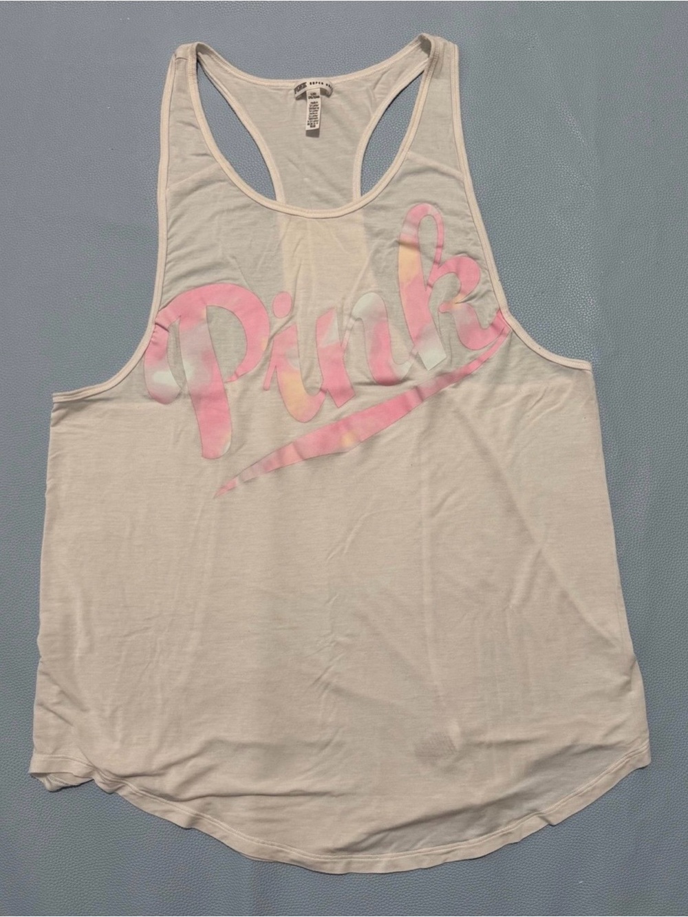 PINK Victoria's Secret White Racerback Tank with Pink Script Logo